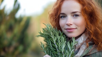 Naklejka premium Close-up Portrait of a Woman with Red Hair Holding Rosemary