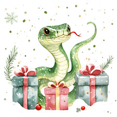 Obraz premium Cartoon Green Wood Snake with present red gift box on white background 