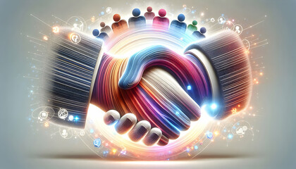 Fototapeta premium 3D Business handshake with multiple colored light trails and copy space concept as A soft abstract image shows a business handshake overlaid with multiple colored light trails symbolizing collaborativ