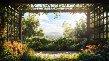 Fototapeta premium A wooden arbor with a view of a city and mountains in the distance. The arbor is covered in vines and flowers. There is a stone path leading to the arbor.