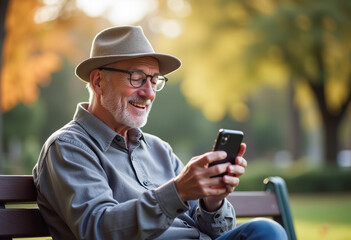 Senior man enjoying smartphone outdoors in autumn park