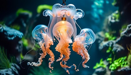 Obraz premium Illuminating jellyfish chandelier installation underwater environment artistic design marine concept creative perspective for unique lighting solutions