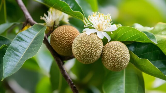 Close-up of a Tropical Fruiting Tree with Green Leaves and White Flowers