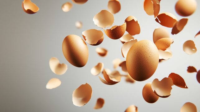 Egg and egg shell concept. A dynamic arrangement of floating eggshells against a soft gray background, illustrating themes of fragility and transformation.