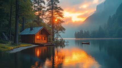 Fototapeta premium Sunrise over tranquil lake with cabin.