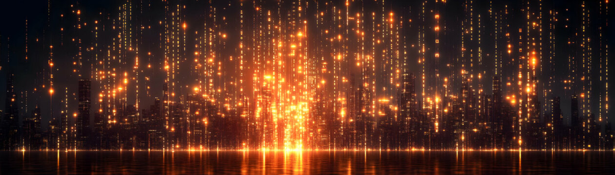 City skyline with glowing binary rain and copy space concept as Glossy image depicting a city skyline under a shower of glowing binary code rain symbolizing constant data flow and cyber resilience; am
