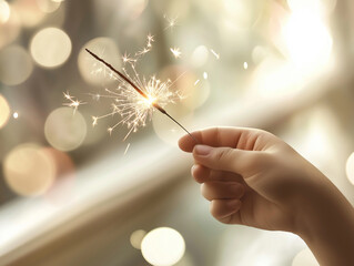 Hand holding a sparkling firework stick against a blurred festive background during a celebration