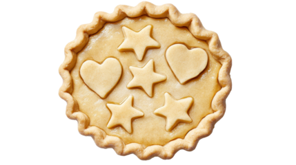 Decorative pie crust with heart and star shapes, isolated on white background.