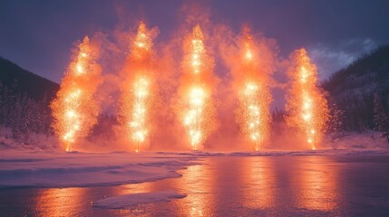 Fototapeta premium Fiery pillars rise from frozen lake at dusk.