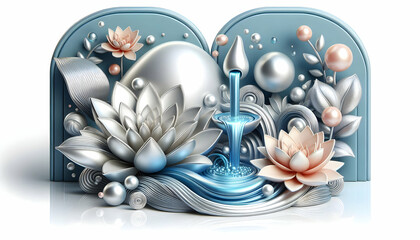 Obraz premium 3D Glossy background with flowing water and smooth pebbles copy space below. concept as Serene glossy background featuring flowing water over smooth pebbles symbolizing tranquility and natural wellnes