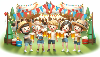Fototapeta premium 3D Friends toasting with beer mugs at outdoor festival copy space above. concept as Cheerful friends toasting with beer mugs at an outdoor festival capturing camaraderie and celebration in a lively fe