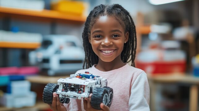 Happy African American junior school kid holding robotic car looking at camera at STEM class. Smiling black child preteen girl posing with robot vehicle. Portrait. Engineering and coding education.