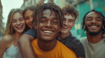 Fototapeta premium A group of smiling young friends having fun together outdoors in front of a building