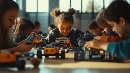 Happy diverse school children students group building robotic vehicle robot cars using tablet computer education software apps. Kids learning programming sit at table at STEM coding engineering class