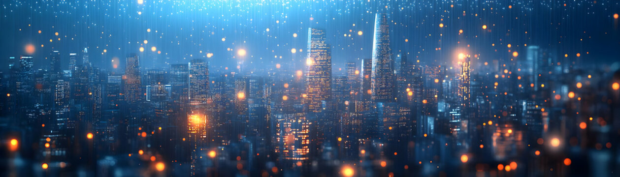 City skyline with glowing binary rain and copy space concept as Glossy image depicting a city skyline under a shower of glowing binary code rain symbolizing constant data flow and cyber resilience; am