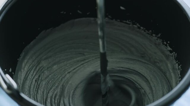 Slow motion closeup mixing dark gray micro concrete plaster