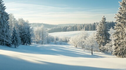 Fototapeta premium A snowy forest landscape with tall pine trees covered in frost and a field of snow in the foreground.