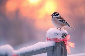Fototapeta premium Sparrow Perched on Snowy Fence Post with Pink Ribbon at Sunrise