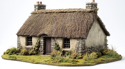 Detailed roof model of a thatched cottage, rustic and rural, grassy surroundings, 