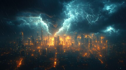 Obraz premium Apocalyptic city burning under stormy sky.