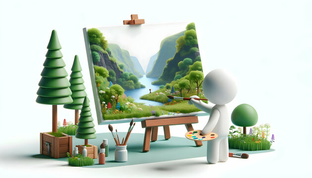 3D Person painting landscape en plein air with copy space concept as A candid image of a person painting a landscape outdoors en plein air capturing mindfulness and creative connection with nature; am