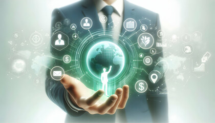 Fototapeta premium 3D Businessman touching holographic green globe with financial icons and copy space concept as A soft abstract image shows a businessman touching a holographic green globe surrounded by financial icon