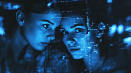 Man, woman and tablet with overlay for technology, maintenance or night data center or futuristic. Teamwork, digital information and cloud computing with app, network programming or problem solving