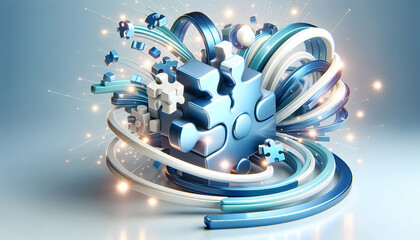 Fototapeta premium 3D Glossy background with puzzle pieces coming together concept as A glossy background with puzzle pieces coming together symbolizing strategic alignment in scaling a business. The reflective surface 