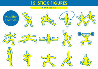 健康的な生活セット。手描きの棒人間。