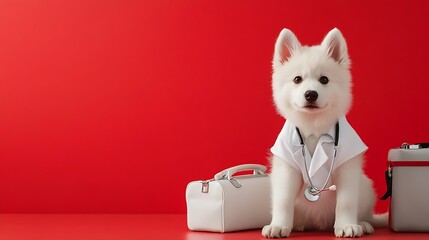 Cute White Puppy Dressed as a Veterinarian with a Stethoscope and Medical Bags on a Bright Red Background, Perfect for Pet Care and Animal Health Themes