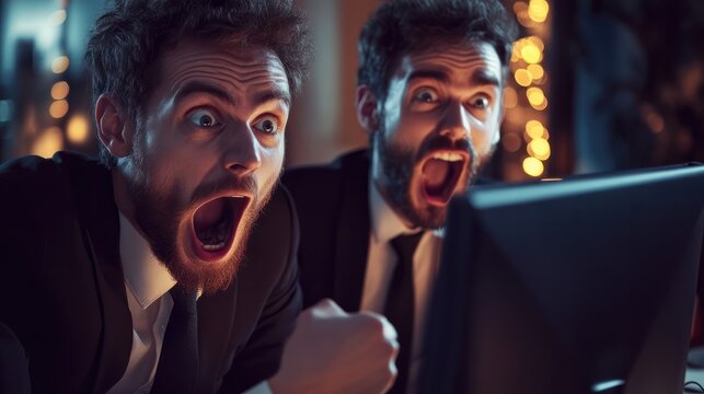 New generation businessmen feeling happy in front of computer in. office. Since online sales system is able to work efficiently on a 5G network system. Causing sales to meet the target.