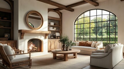 Fototapeta premium Embrace Cozy Elegance: A Serene Living Room with Rustic Charm and Natural Light