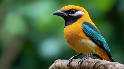 Fototapeta premium Close-up of a colorful bird with vibrant orange and green plumage on a branch in a natural environment.