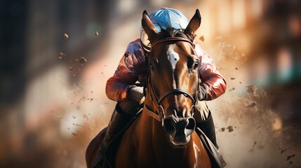 Naklejka premium Jockey on racing horse Championship Hippodrome Racetrack Horse riding Derby Speed Blurred scene.