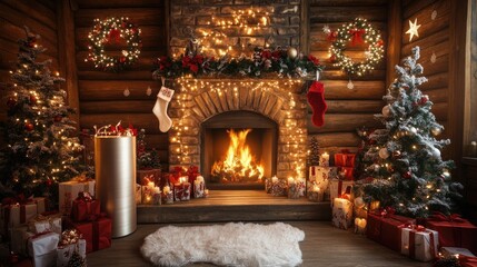 Fototapeta premium Cozy fireplace with Christmas decorations and presents in a wooden cabin.