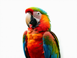 Fototapeta premium Majestic colorful macaw parrot with vibrant, multicolored feathers, gracefully perched and isolated on a clean white background, perfect for tropical, exotic design projects and nature themes