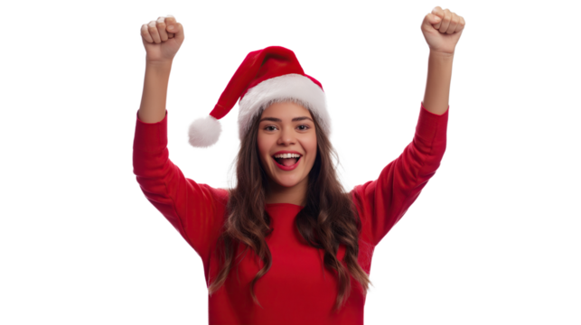 Happy woman in red Santa hat and shirt celebrating, isolated on Transparent background