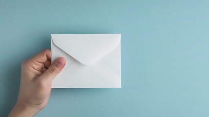 Fototapeta premium A hand holding a white envelope against a light blue background, suggesting communication or mailing purpose.