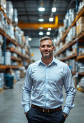 Fototapeta premium A manager stands confidently in an industrial warehouse, exuding authority and ease.