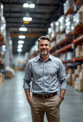 Fototapeta premium A manager stands confidently in an industrial warehouse, exuding authority and ease.