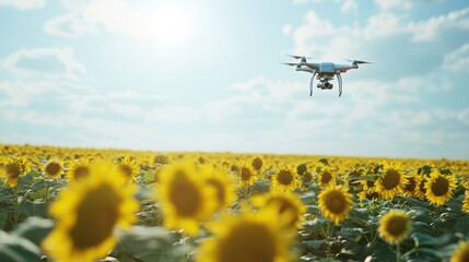 Smart Farm AI digital technology, Agricultural drone flying around sunflower fields. Smart and new technology for agriculture business concept