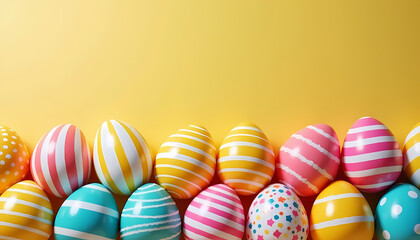 Fototapeta premium Colorful Easter eggs with stripes and patterns lined up on a bright yellow background