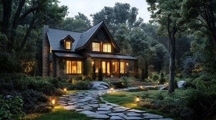 Cozy cottage-style home surrounded by lush forest, stone pathways, warm lights illuminating the home at dusk