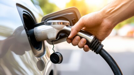 Obraz premium A close-up of a hand holding an electric vehicle charging nozzle, illustrating the growing trend of electric transportation