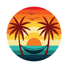Obraz premium Tropical Beach Hammock Vector - Retro Silhouette Design with Palm Trees, Sunset & Ocean for Summer Paradise Art