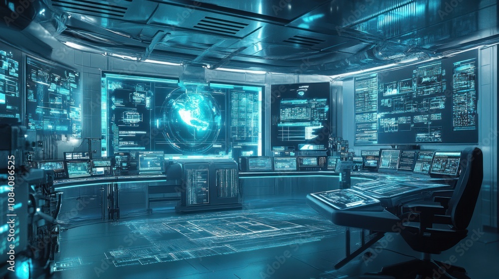 Poster futuristic control room with screens displaying data and a globe