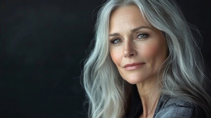Naklejka premium A woman with long gray hair poses gracefully against a dark backdrop, showcasing her natural beauty and confidence in a close-up portrait