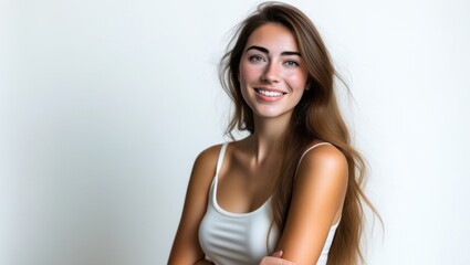 Fototapeta premium Portrait of two women, twins, smiling, white tank tops, long dark hair, natural makeup, radiant skin, studio lighting, white background, symmetrical composition, warm tones, friendly expressions, yout