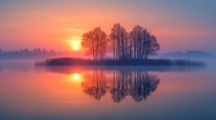 Fototapeta premium Serene sunrise over misty lake island with trees.