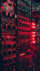 Detailed arrangement of analog audio gear with glowing red lights, knobs, dials, and cables